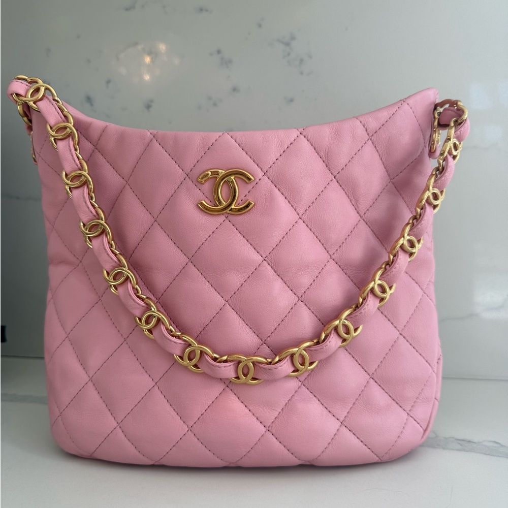FINAL SALE Authenti Chanel Pink Lambskin Quilted Large CC Hobo Shoulder Bag Gold